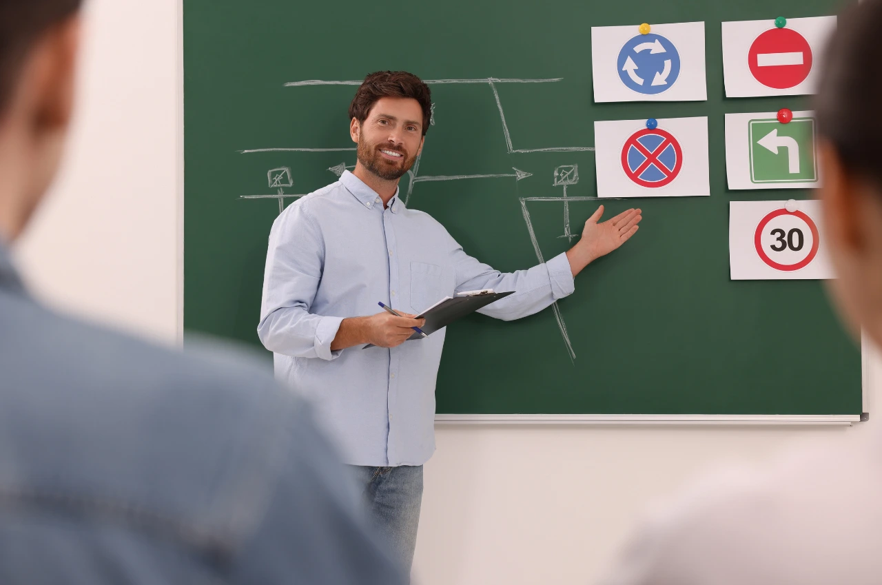 Fahrschule Aren auf Türkisch oder Deutsch – Unterricht mit Verkehrsschildern an Tafel, Schüler hören aufmerksam zu