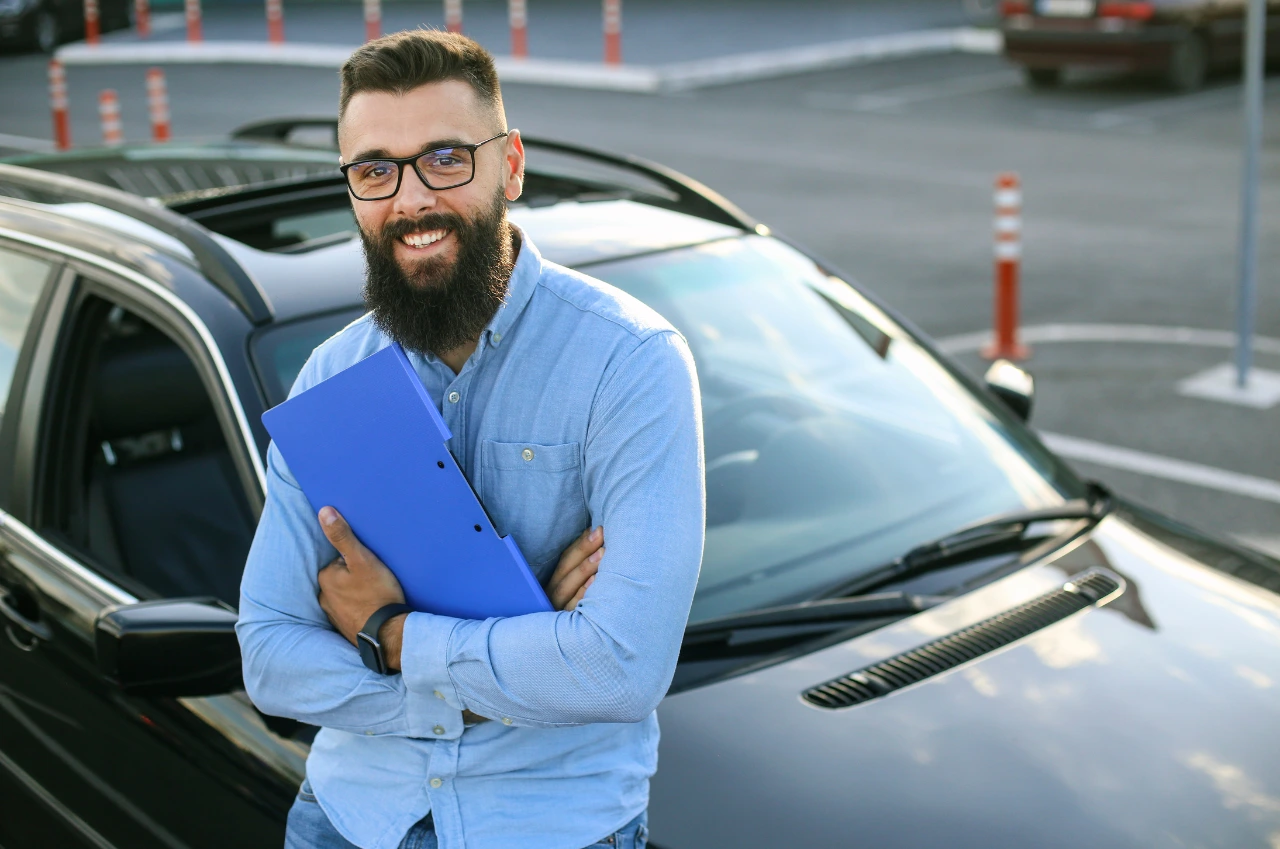 Qualifizierter Fahrlehrer steht selbstbewusst neben schwarzem Auto und hält blauen Ordner in verschränkten Armen.