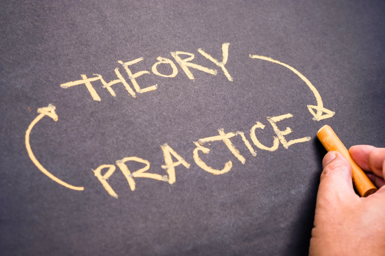 Hand mit Kreide zeichnet Theorie und Praxis – Verbindung beider Konzepte im Fahrschulunterricht